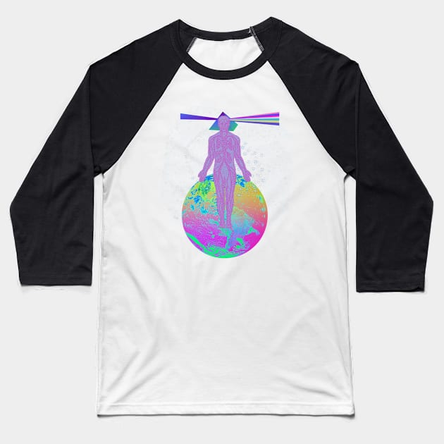 Psychedelic Earth Man Floating Prism Brain Trippy Esoteric Abstract Rainbow Tie Dye Baseball T-Shirt by blueversion